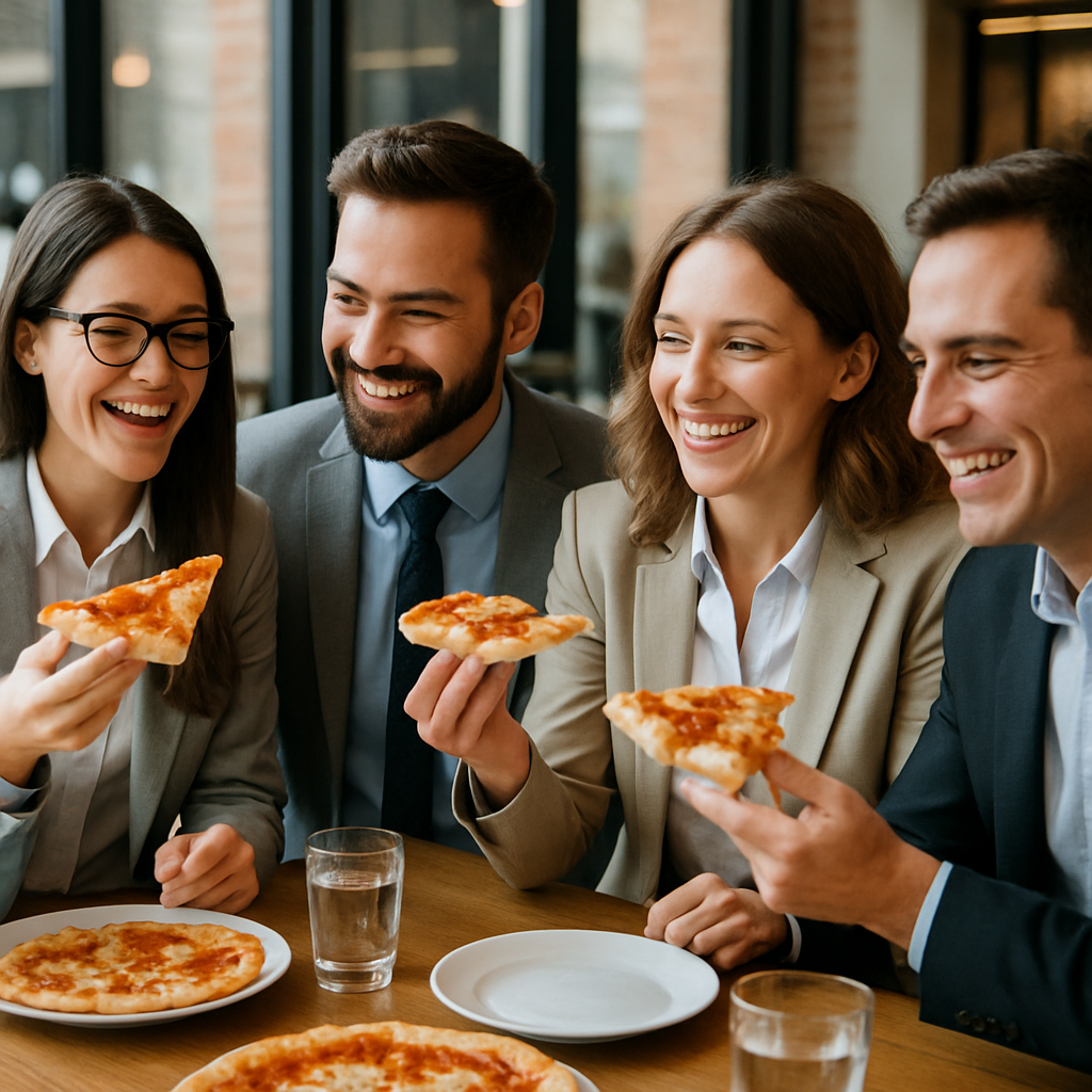 professionals at lunch eating pizza