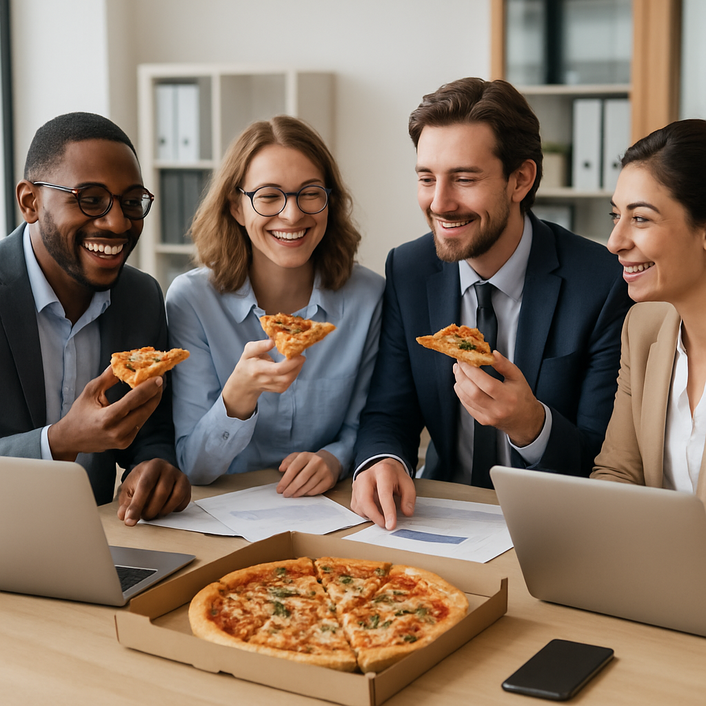 professionals enjoying pizza during a working lunch